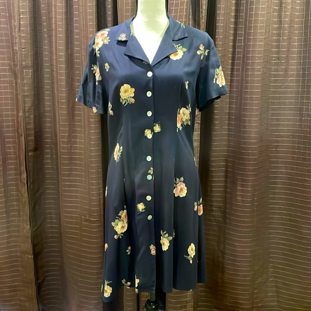 Navy floral spring dress.